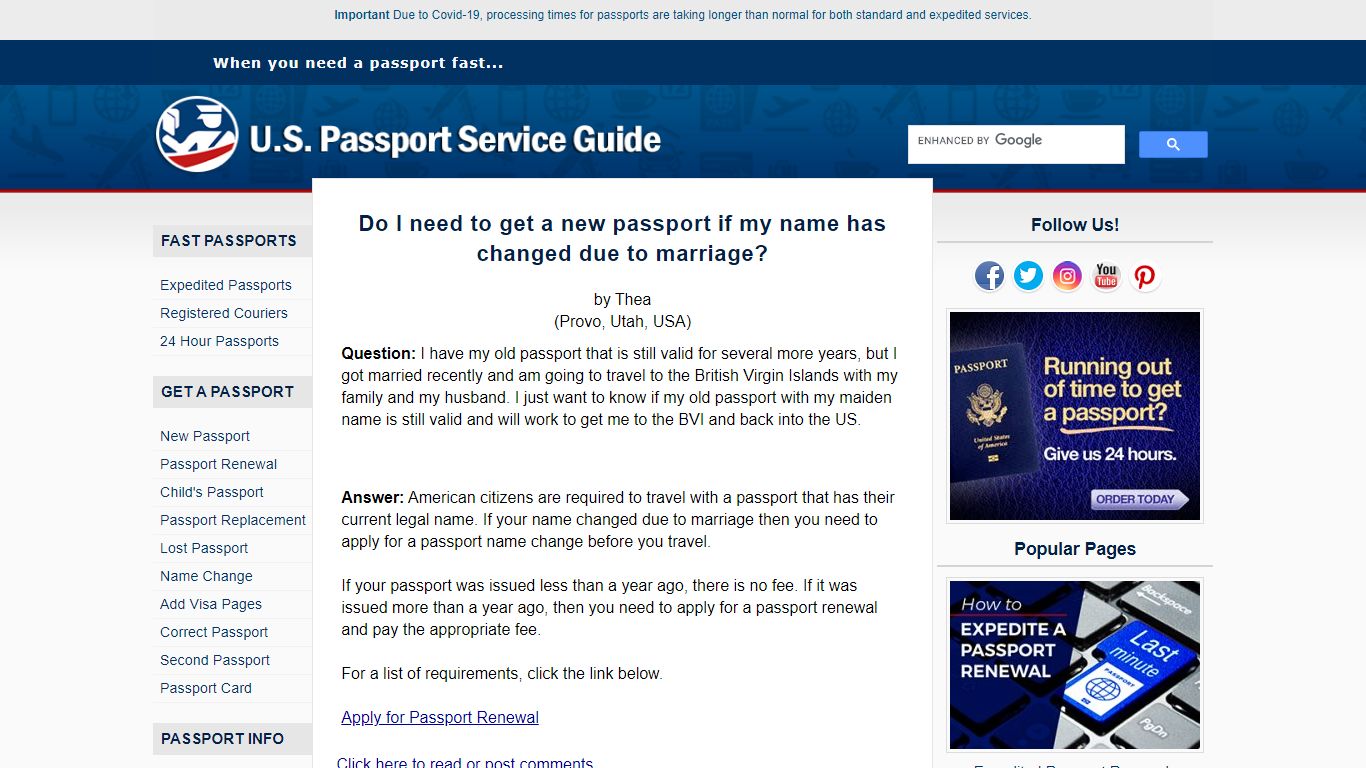 Passport Name Change Due to Marriage - U.S. Passport Service Guide